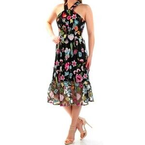 Cynthia Rowley Whimsy Floral Halter Dress Womens MED Black Midi Embroidered